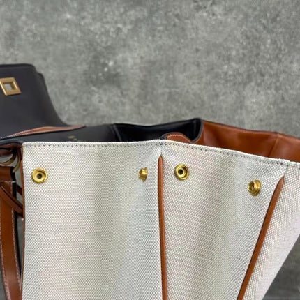 BALENCIAGA 26S TOP HANDLE BAG IN WHITE CANVAS & BROWN LEATHER