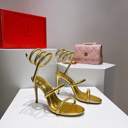 RENE CAOVILLA 26S STILETTO SANDALS 95 MM IN METALIC GOLD 01