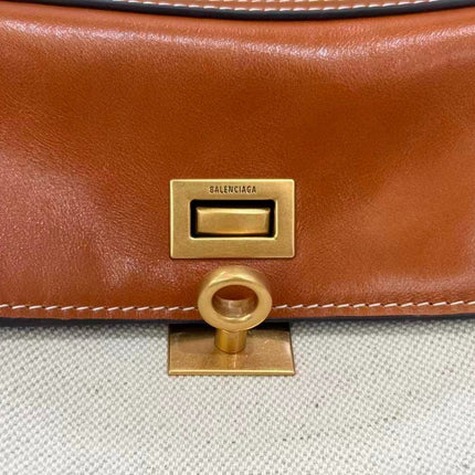 BALENCIAGA 26S TOP HANDLE BAG IN WHITE CANVAS & BROWN LEATHER