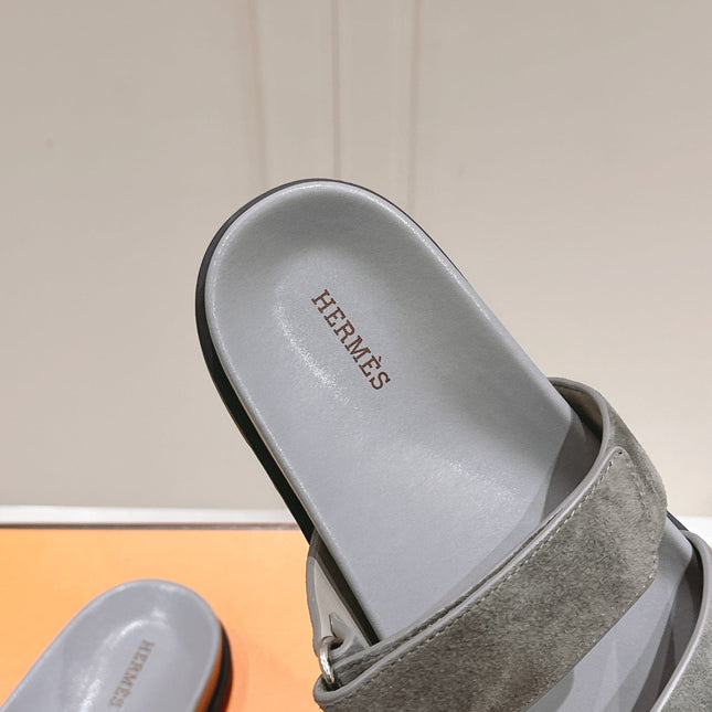 HERMES 26S CHYPRE SANDAL IN DARK GREY SUEDE