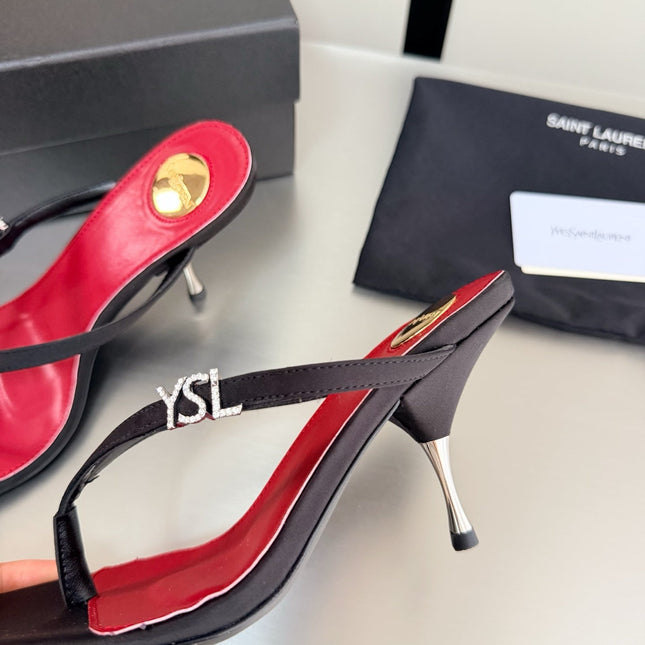 SAINT LAURENT JERRY MULES 75MM IN BLACK FABRIC  SILVER LOGO