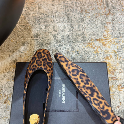 YSL 26S FLAT MULES IN LEOPARD PRINT CANVAS 