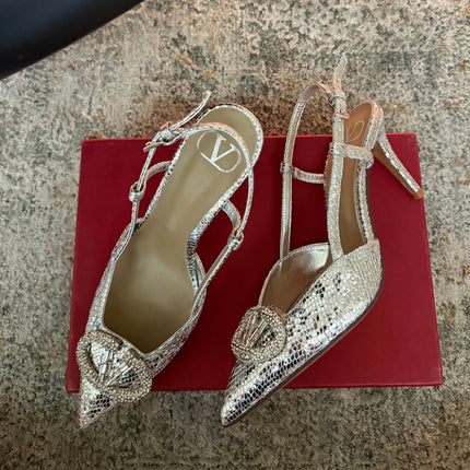 VALENTINO 26S SLINGBACKS 75 MM IN METALLIC SILVER SNAKESKIN