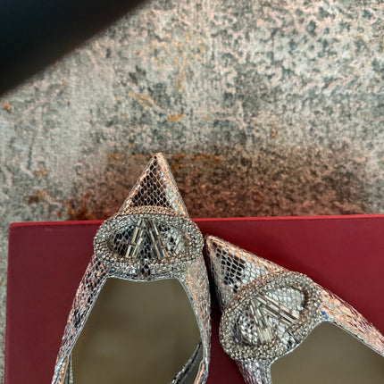 VALENTINO 26S SLINGBACKS 75 MM IN METALLIC SILVER SNAKESKIN