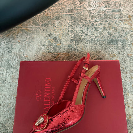 VALENTINO 26S SLINGBACKS 75 MM IN METALLIC RED SNAKESKIN