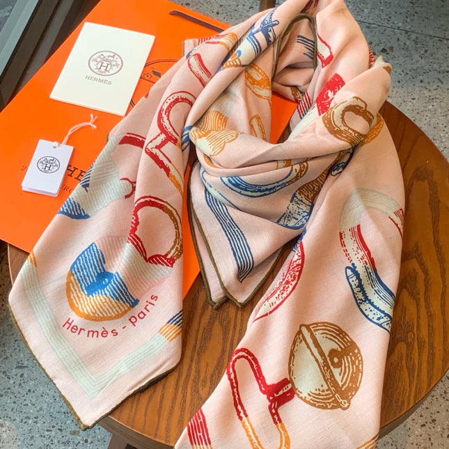 HERMES 26S PRINTED SQUARE SCARF 135 IN CASHMERE AND SILK 307237