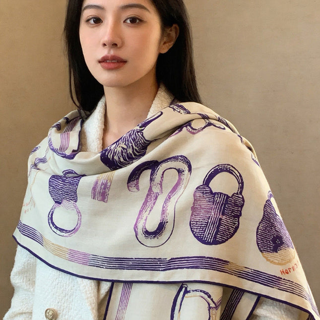 HERMES 26S PRINTED SQUARE SCARF 135 IN CASHMERE AND SILK 307238