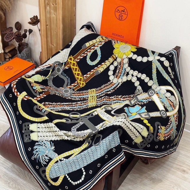 HERMES 26S PRINTED SQUARE SCARF 135 IN CASHMERE AND SILK 307244