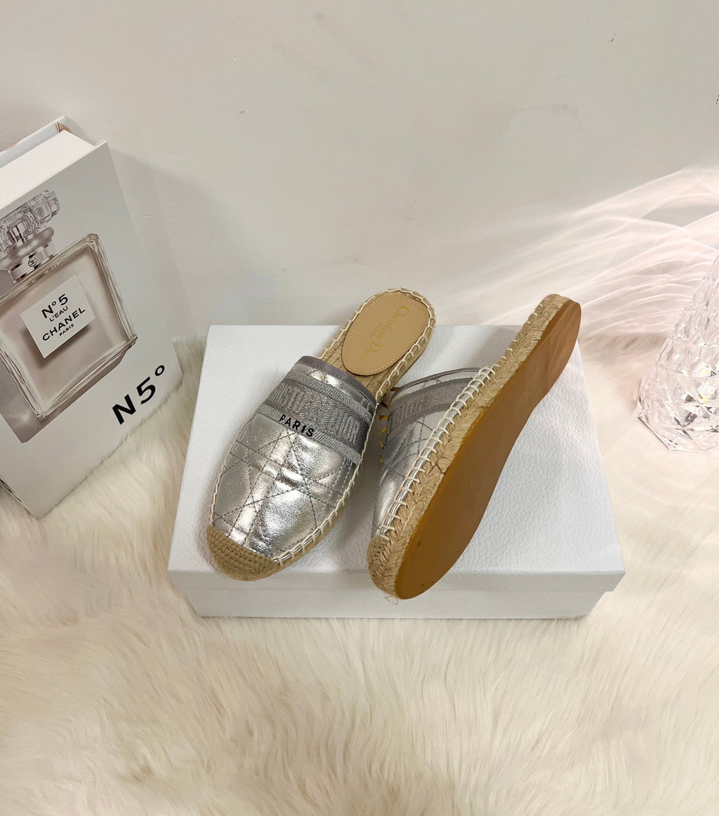 GRANVILLE ESPADRILLE MULE SILVER QUILTED CANNAGE CALFSKIN