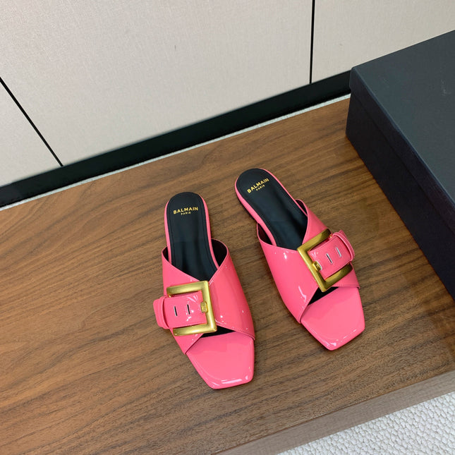 BALMAIN 26S B-BELT FLAT SANDALS IN PINK CALFSKIN