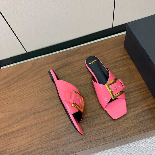 BALMAIN 26S B-BELT FLAT SANDALS IN PINK CALFSKIN