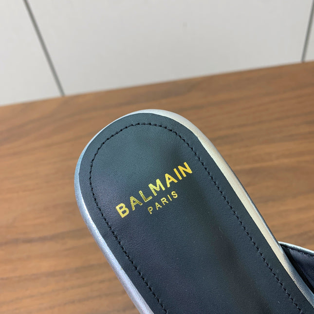 BALMAIN 26S B-BELT FLAT SANDALS IN METALLIC SILVER CALFSKIN