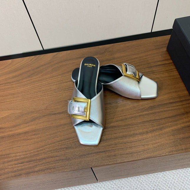 BALMAIN 26S B-BELT FLAT SANDALS IN METALLIC SILVER CALFSKIN