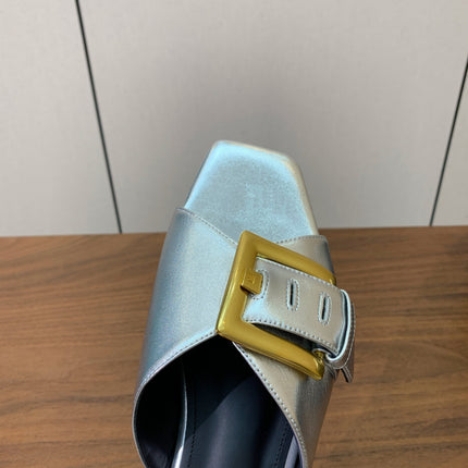BALMAIN 26S B-BELT FLAT SANDALS IN METALLIC SILVER CALFSKIN