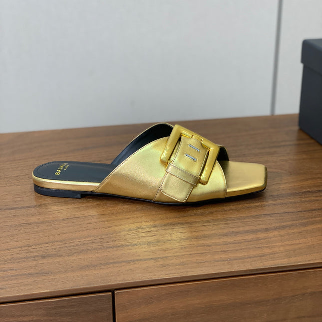 BALMAIN 26S B-BELT FLAT SANDALS IN METALLIC GOLD CALFSKIN
