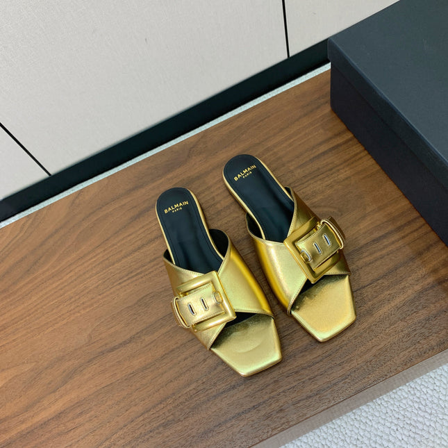 BALMAIN 26S B-BELT FLAT SANDALS IN METALLIC GOLD CALFSKIN