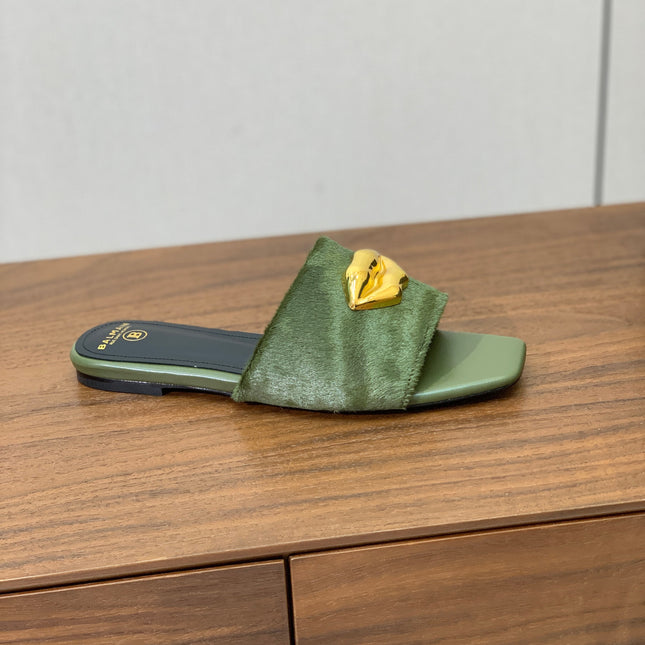 BALMAIN 26S LIP-EMBELLISHED SLIDES IN OLIVE GREEN PONY HAIR WITH GOLD HARDWARE