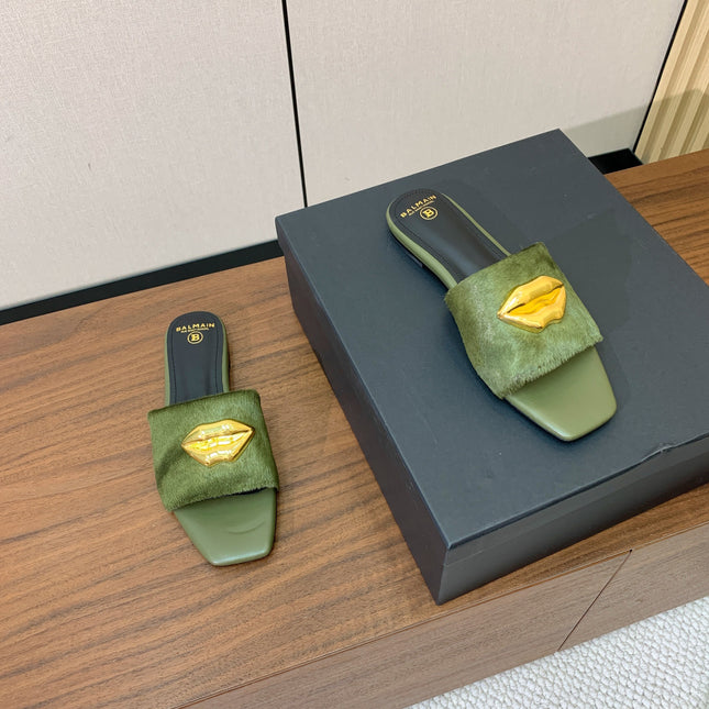 BALMAIN 26S LIP-EMBELLISHED SLIDES IN OLIVE GREEN PONY HAIR WITH GOLD HARDWARE