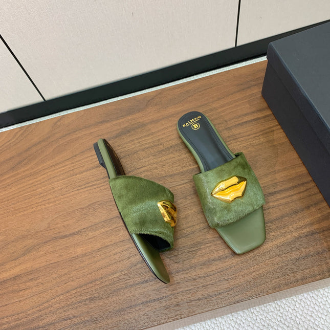 BALMAIN 26S LIP-EMBELLISHED SLIDES IN OLIVE GREEN PONY HAIR WITH GOLD HARDWARE
