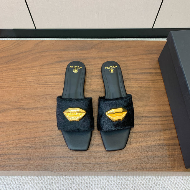BALMAIN 26S LIP-EMBELLISHED SLIDES IN BLACK PONY HAIR WITH GOLD HARDWARE