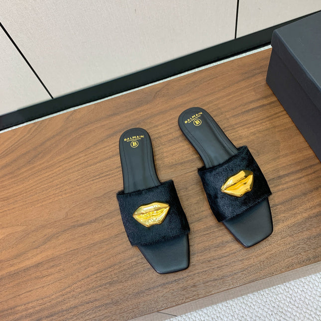 BALMAIN 26S LIP-EMBELLISHED SLIDES IN BLACK PONY HAIR WITH GOLD HARDWARE