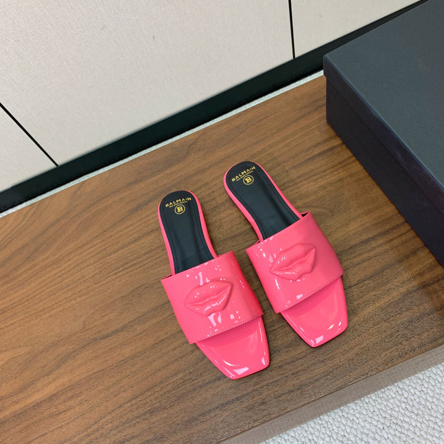 BALMAIN 26S LIP-EMBELLISHED SLIDES IN PINK PATENT CALFSKIN