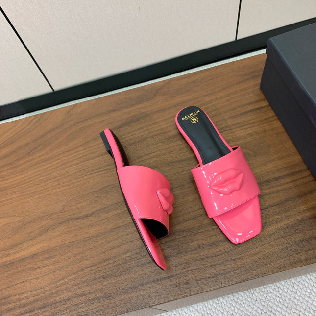 BALMAIN 26S LIP-EMBELLISHED SLIDES IN PINK PATENT CALFSKIN