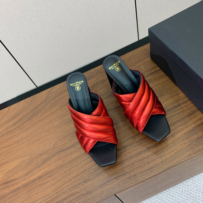 BALMAIN 26S QUILTED PLATFORM MULES 105 MM IN METALLIC RED CALFSKIN