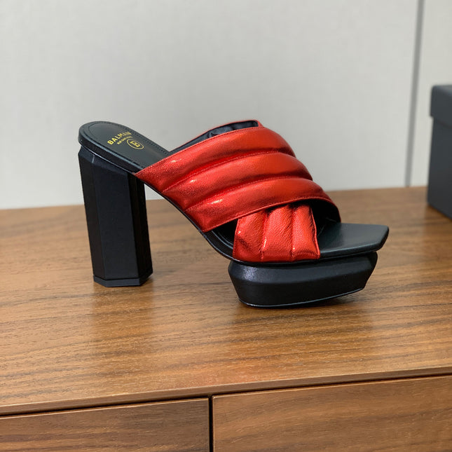 BALMAIN 26S QUILTED PLATFORM MULES 105 MM IN METALLIC RED CALFSKIN