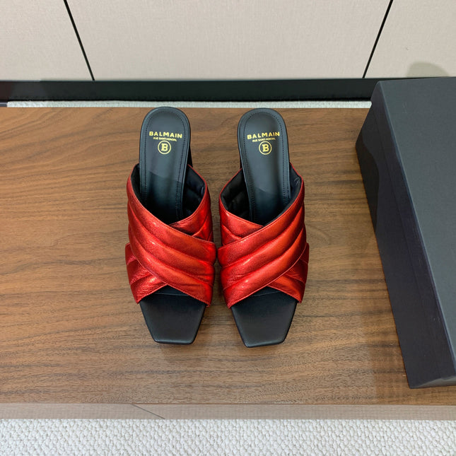 BALMAIN 26S QUILTED PLATFORM MULES 105 MM IN METALLIC RED CALFSKIN