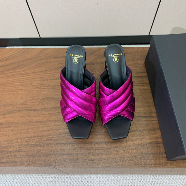 BALMAIN 26S QUILTED PLATFORM MULES 105 MM IN METALLIC PINK CALFSKIN