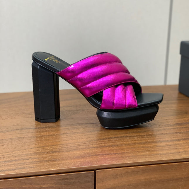 BALMAIN 26S QUILTED PLATFORM MULES 105 MM IN METALLIC PINK CALFSKIN