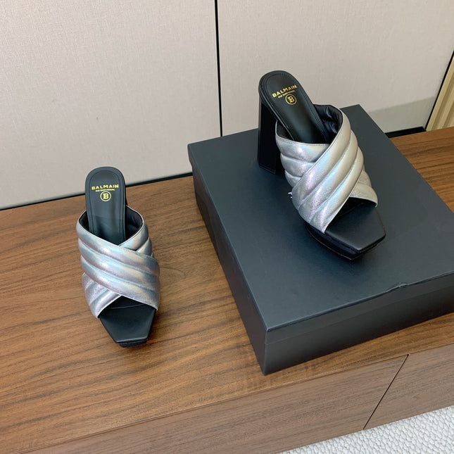 BALMAIN 26S QUILTED PLATFORM MULES 105 MM IN SILVER CALFSKIN