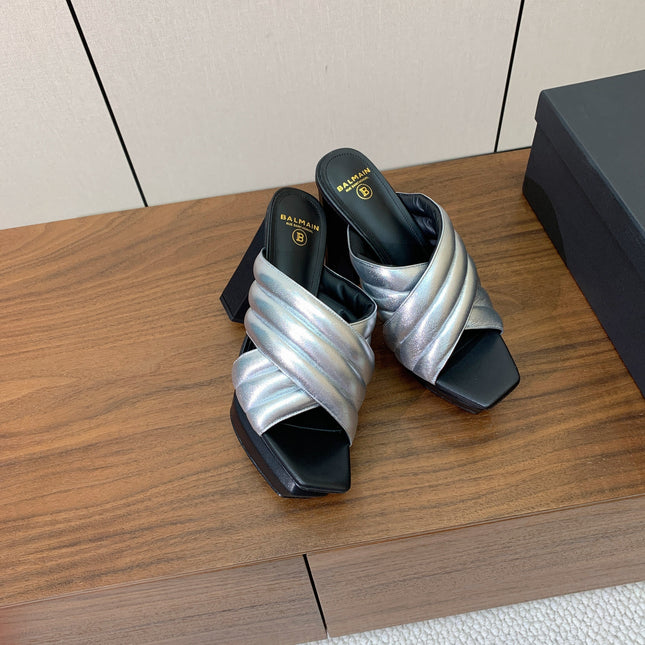 BALMAIN 26S QUILTED PLATFORM MULES 105 MM IN SILVER CALFSKIN