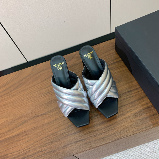 BALMAIN 26S QUILTED PLATFORM MULES 105 MM IN SILVER CALFSKIN