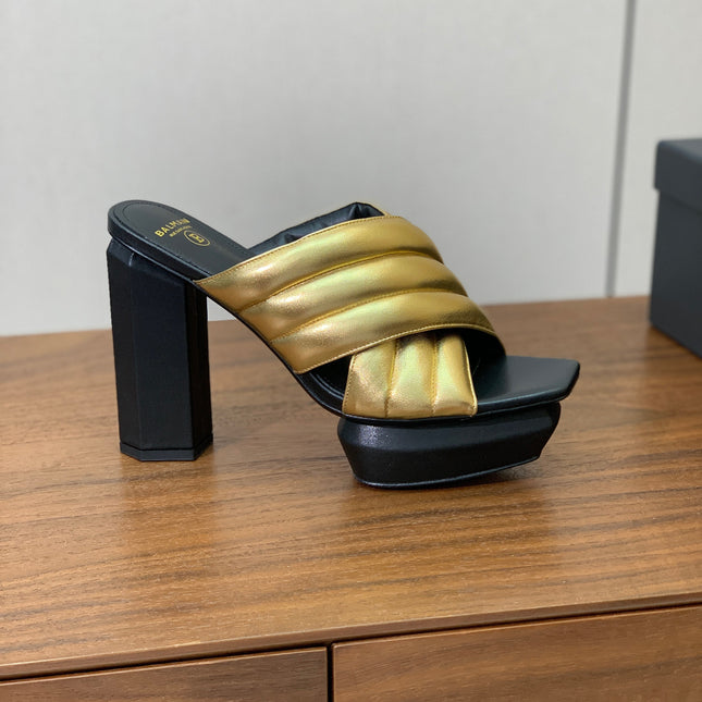 BALMAIN 26S QUILTED PLATFORM MULES 105 MM IN GOLD CALFSKIN