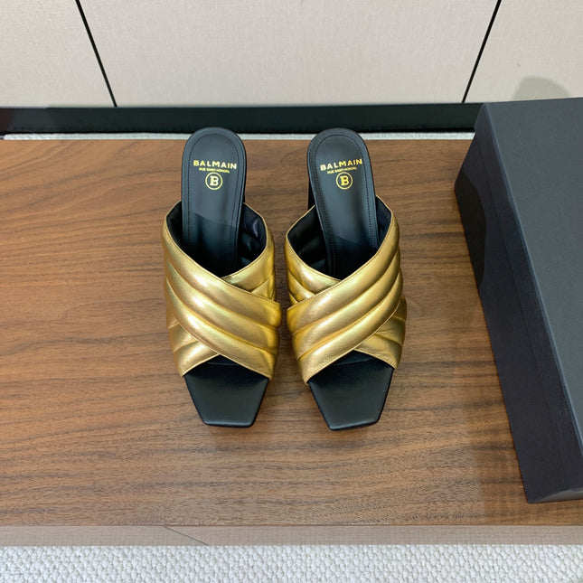BALMAIN 26S QUILTED PLATFORM MULES 105 MM IN GOLD CALFSKIN