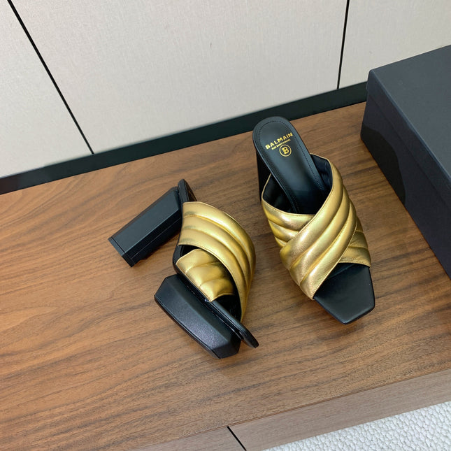 BALMAIN 26S QUILTED PLATFORM MULES 105 MM IN GOLD CALFSKIN
