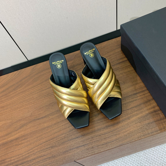 BALMAIN 26S QUILTED PLATFORM MULES 105 MM IN GOLD CALFSKIN