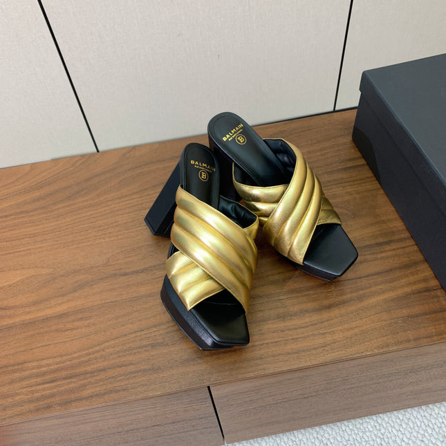 BALMAIN 26S QUILTED PLATFORM MULES 105 MM IN GOLD CALFSKIN