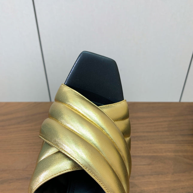BALMAIN 26S QUILTED PLATFORM MULES 105 MM IN GOLD CALFSKIN