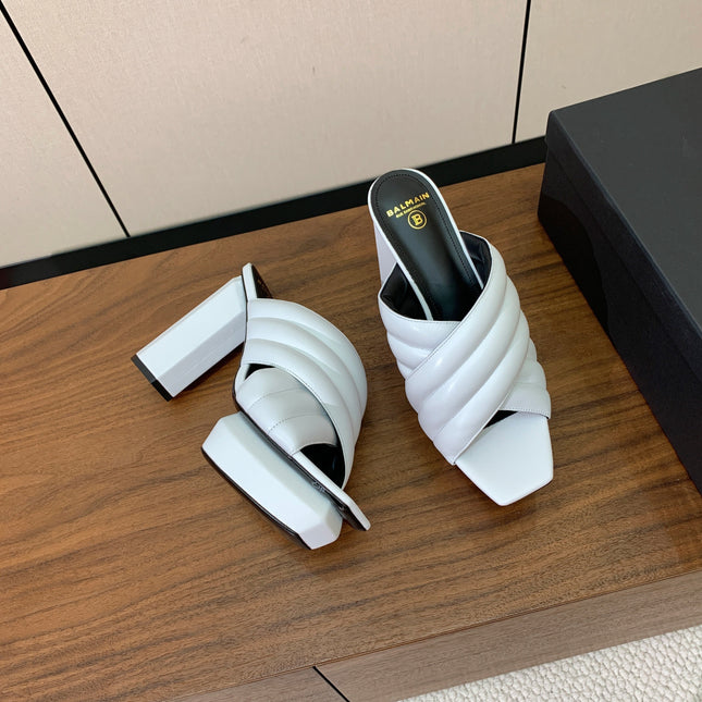 BALMAIN 26S QUILTED PLATFORM MULES 105 MM IN WHITE CALFSKIN