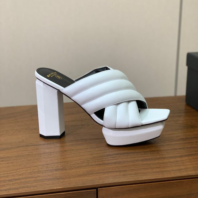 BALMAIN 26S QUILTED PLATFORM MULES 105 MM IN WHITE CALFSKIN