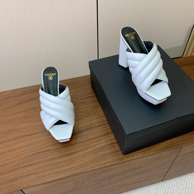 BALMAIN 26S QUILTED PLATFORM MULES 105 MM IN WHITE CALFSKIN