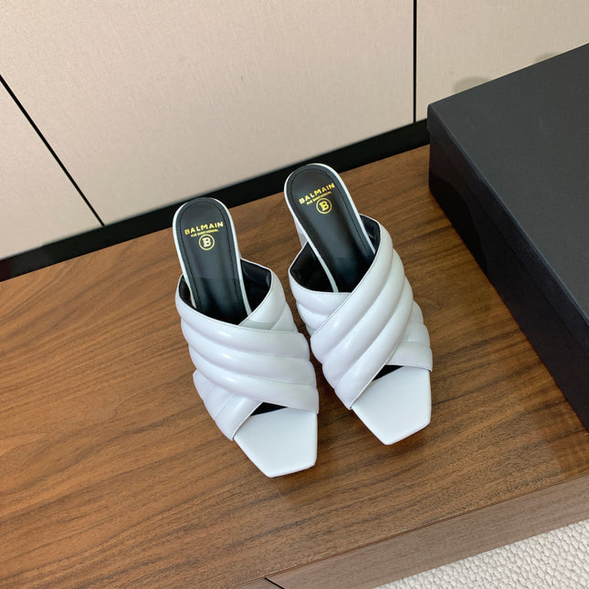 BALMAIN 26S QUILTED PLATFORM MULES 105 MM IN WHITE CALFSKIN