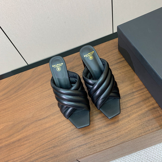 BALMAIN 26S QUILTED PLATFORM MULES 105 MM IN BLACK CALFSKIN