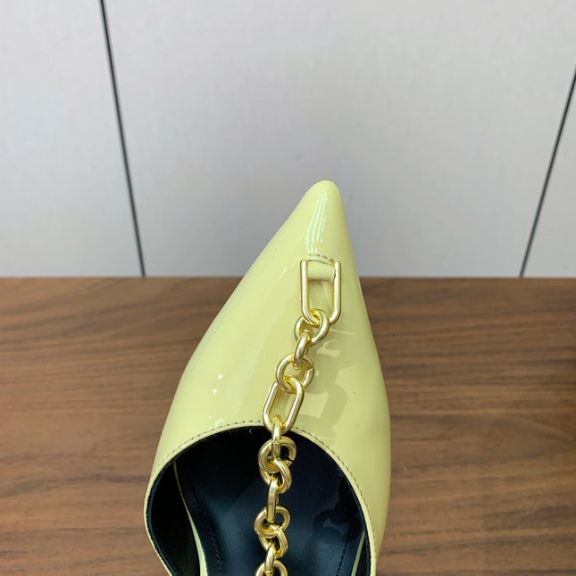 BALMAIN 26S CHAIN HIGH HEELS 95 MM IN PASTEL YELLOW PATENT CALFSKIN