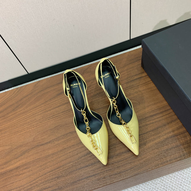 BALMAIN 26S CHAIN HIGH HEELS 95 MM IN PASTEL YELLOW PATENT CALFSKIN