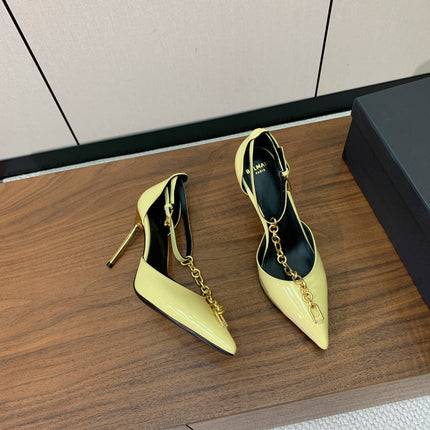 BALMAIN 26S CHAIN HIGH HEELS 95 MM IN PASTEL YELLOW PATENT CALFSKIN