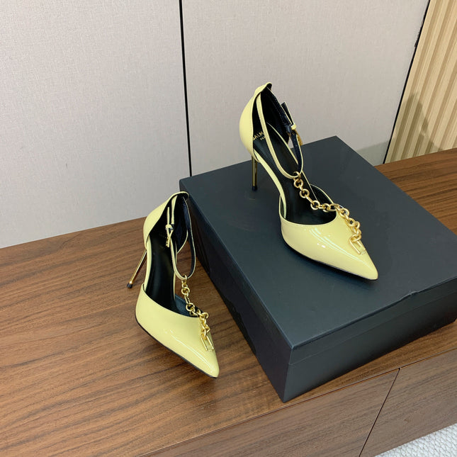 BALMAIN 26S CHAIN HIGH HEELS 95 MM IN PASTEL YELLOW PATENT CALFSKIN